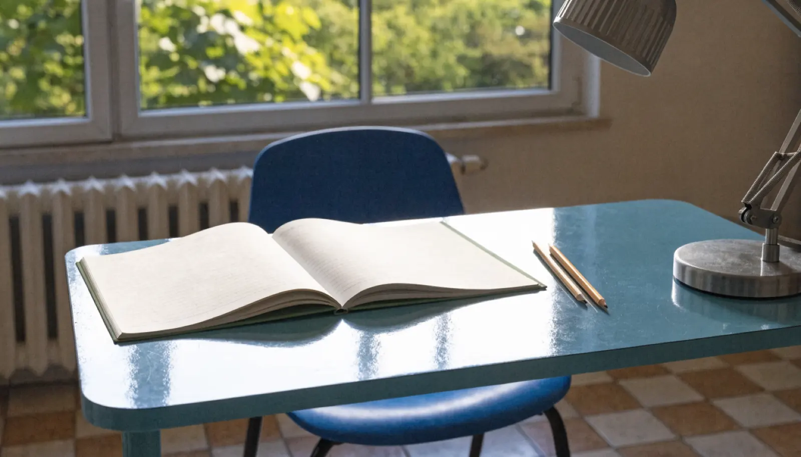 Öğrenci masasında açık bir defter, yanında kalem ve yanan bir masa lambası; akşam saatinde ders çalışma düzeni